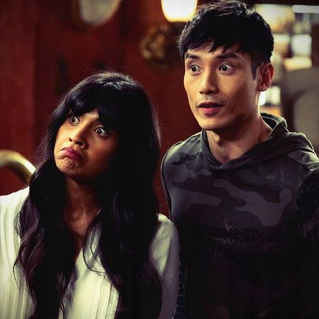 Jameela Jamil and her co-star giving an expression